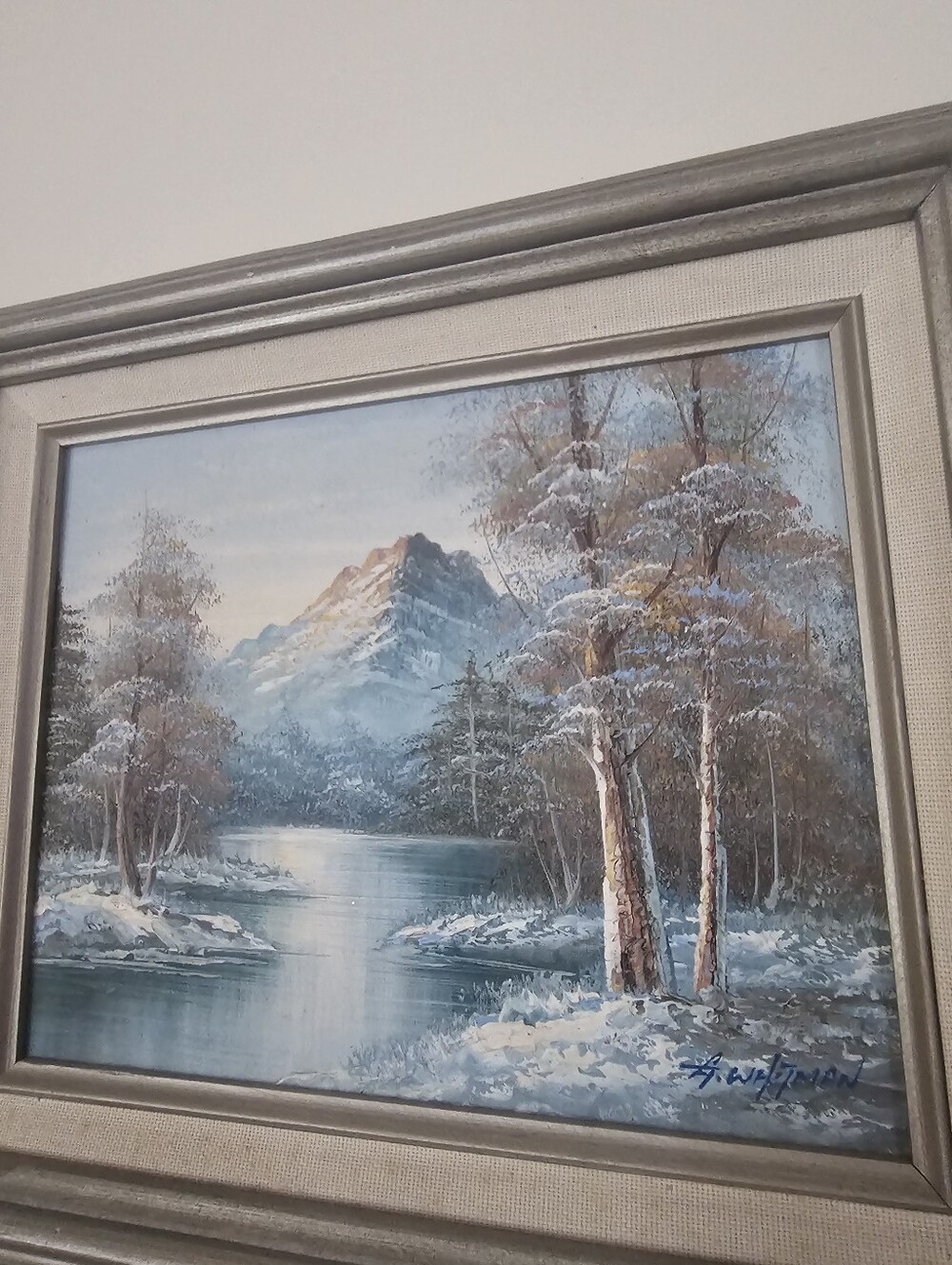 Vintage Blue and White Snowy Mountain Lake Painting